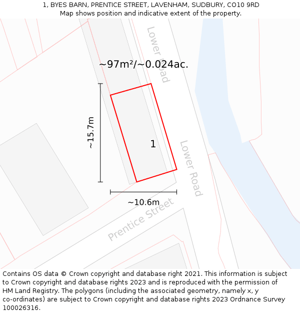 1, BYES BARN, PRENTICE STREET, LAVENHAM, SUDBURY, CO10 9RD: Plot and title map