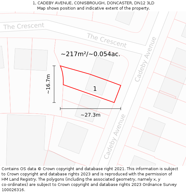 1, CADEBY AVENUE, CONISBROUGH, DONCASTER, DN12 3LD: Plot and title map