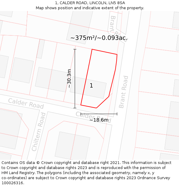 1, CALDER ROAD, LINCOLN, LN5 8SA: Plot and title map