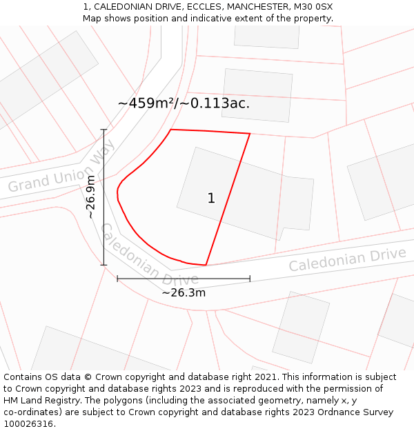 1, CALEDONIAN DRIVE, ECCLES, MANCHESTER, M30 0SX: Plot and title map