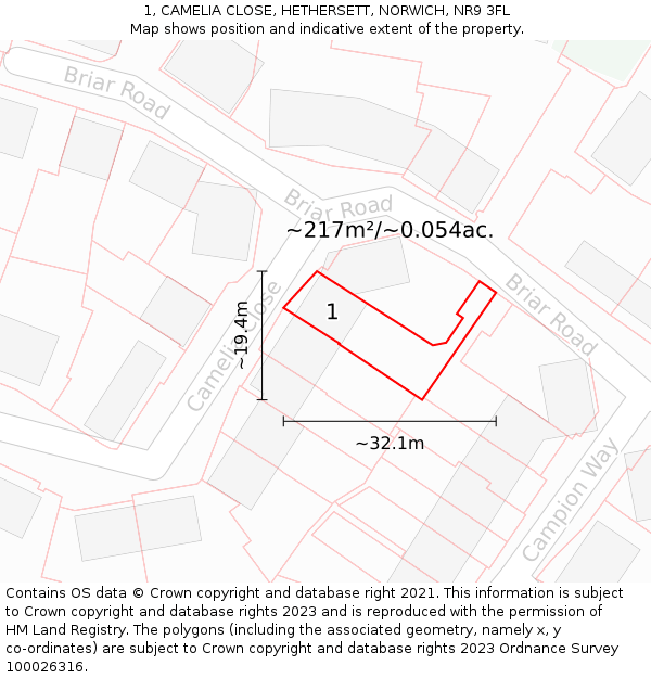 1, CAMELIA CLOSE, HETHERSETT, NORWICH, NR9 3FL: Plot and title map