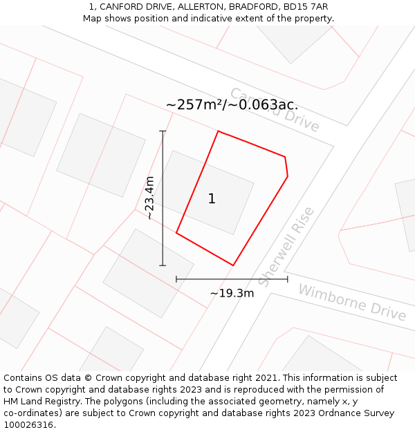 1, CANFORD DRIVE, ALLERTON, BRADFORD, BD15 7AR: Plot and title map