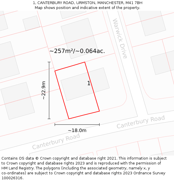 1, CANTERBURY ROAD, URMSTON, MANCHESTER, M41 7BH: Plot and title map