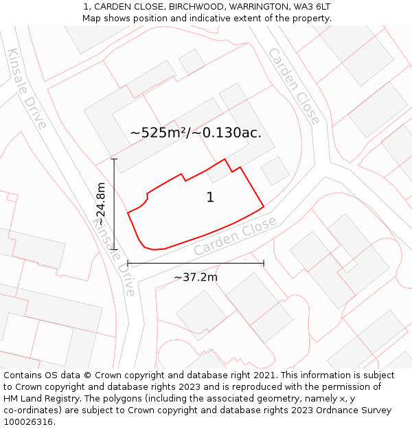 1, CARDEN CLOSE, BIRCHWOOD, WARRINGTON, WA3 6LT: Plot and title map