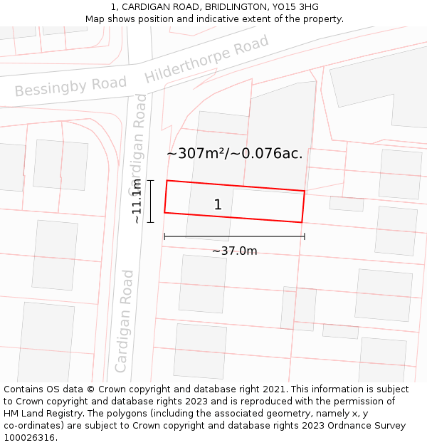 1, CARDIGAN ROAD, BRIDLINGTON, YO15 3HG: Plot and title map