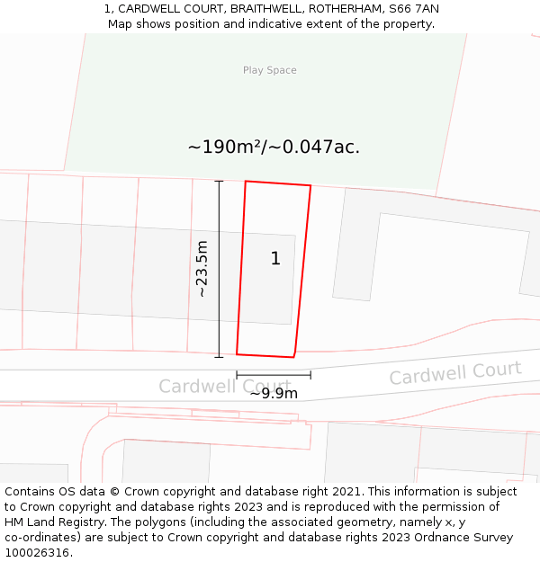 1, CARDWELL COURT, BRAITHWELL, ROTHERHAM, S66 7AN: Plot and title map