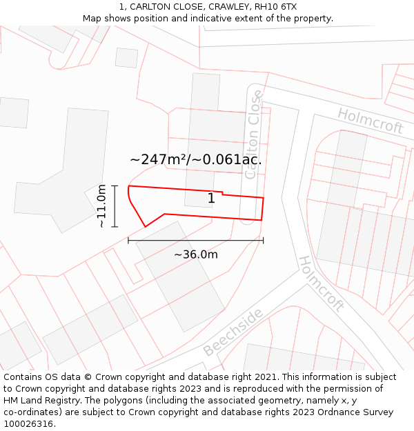 1, CARLTON CLOSE, CRAWLEY, RH10 6TX: Plot and title map