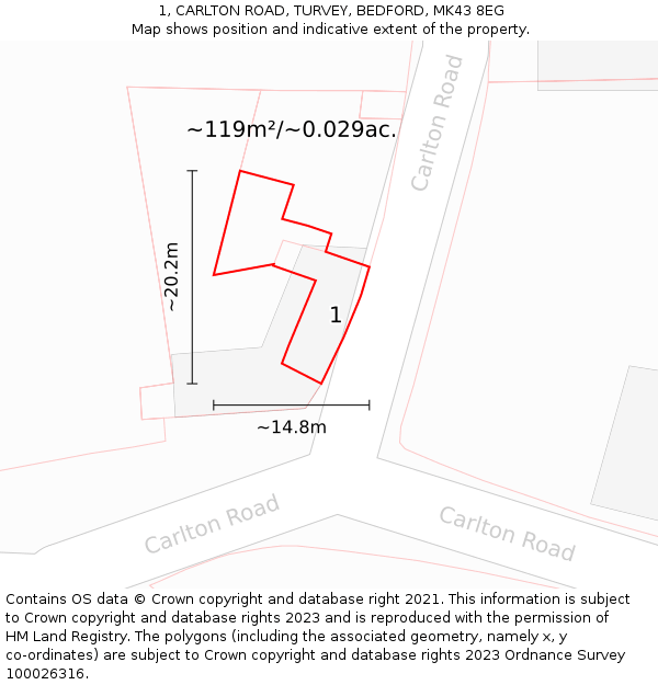 1, CARLTON ROAD, TURVEY, BEDFORD, MK43 8EG: Plot and title map