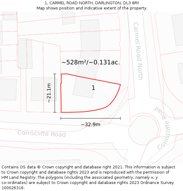 1, CARMEL ROAD NORTH, DARLINGTON, DL3 8RY: Plot and title map