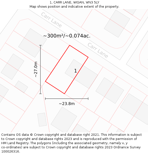 1, CARR LANE, WIGAN, WN3 5LY: Plot and title map