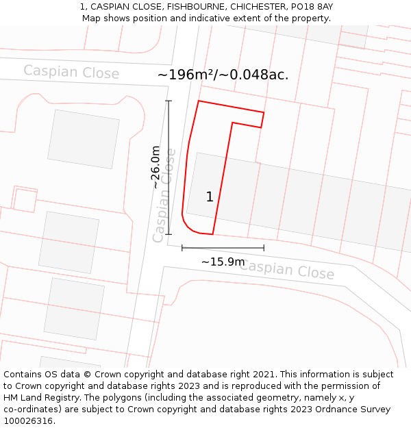 1, CASPIAN CLOSE, FISHBOURNE, CHICHESTER, PO18 8AY: Plot and title map