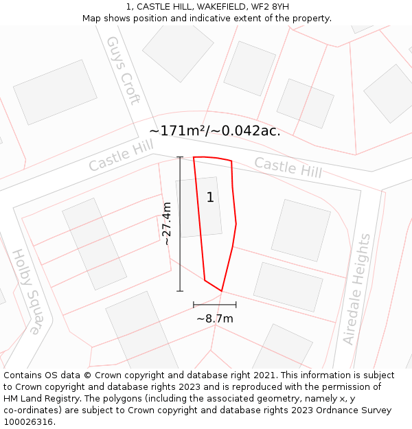 1, CASTLE HILL, WAKEFIELD, WF2 8YH: Plot and title map