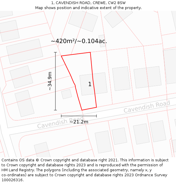 1, CAVENDISH ROAD, CREWE, CW2 8SW: Plot and title map