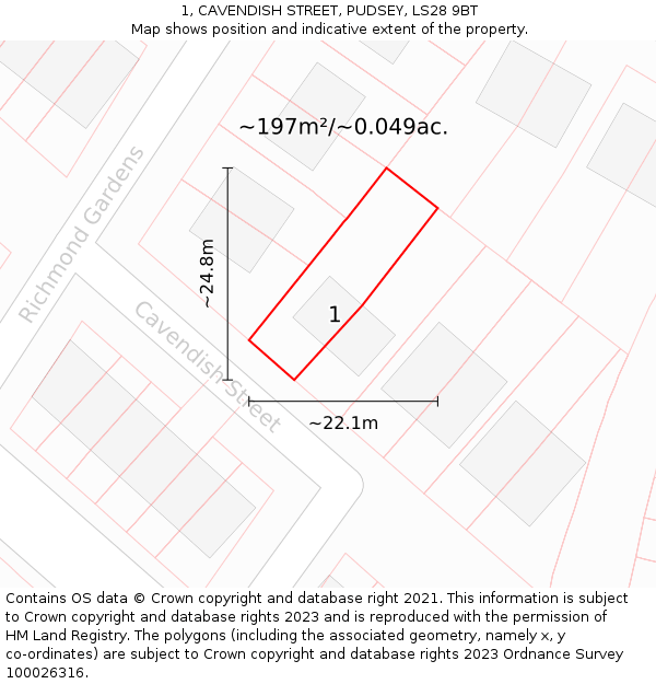 1, CAVENDISH STREET, PUDSEY, LS28 9BT: Plot and title map