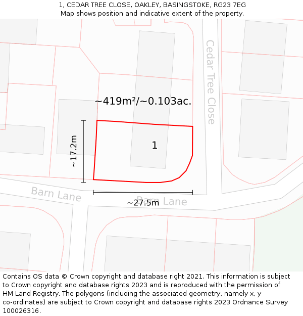 1, CEDAR TREE CLOSE, OAKLEY, BASINGSTOKE, RG23 7EG: Plot and title map