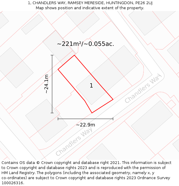 1, CHANDLERS WAY, RAMSEY MERESIDE, HUNTINGDON, PE26 2UJ: Plot and title map