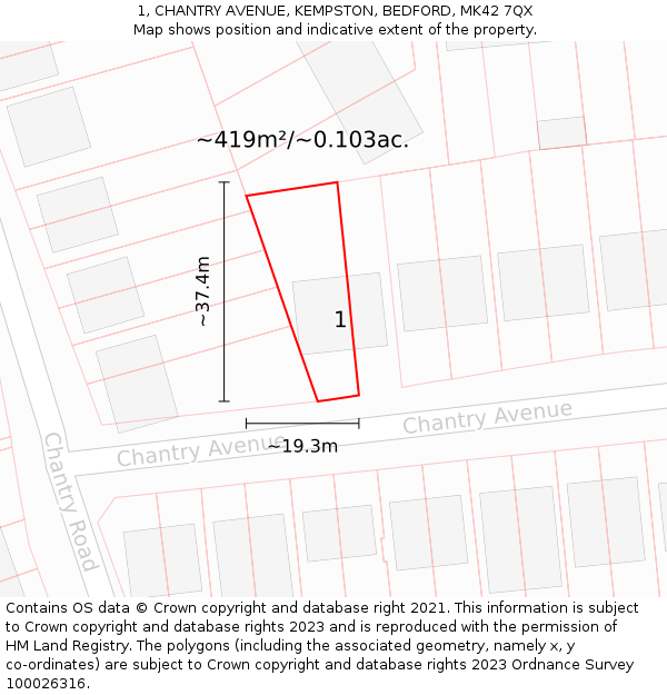 1, CHANTRY AVENUE, KEMPSTON, BEDFORD, MK42 7QX: Plot and title map