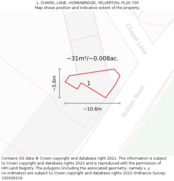 1, CHAPEL LANE, HORRABRIDGE, YELVERTON, PL20 7SP: Plot and title map