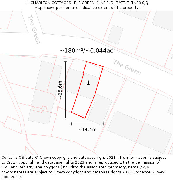 1, CHARLTON COTTAGES, THE GREEN, NINFIELD, BATTLE, TN33 9JQ: Plot and title map