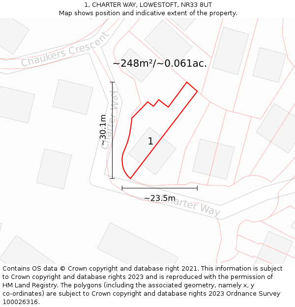 1, CHARTER WAY, LOWESTOFT, NR33 8UT: Plot and title map