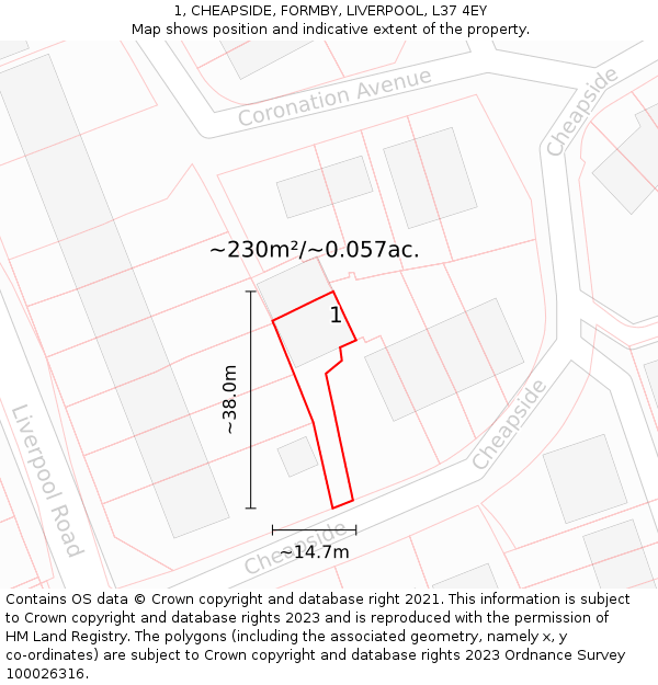 1, CHEAPSIDE, FORMBY, LIVERPOOL, L37 4EY: Plot and title map