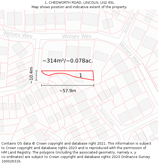 1, CHEDWORTH ROAD, LINCOLN, LN2 4SL: Plot and title map