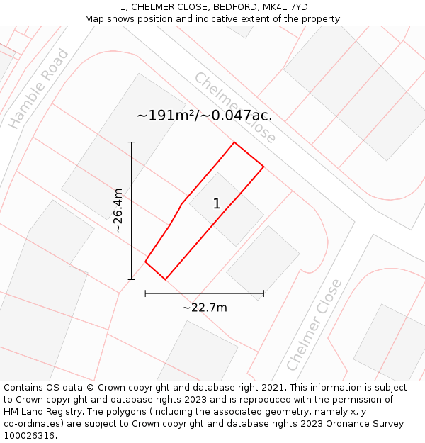 1, CHELMER CLOSE, BEDFORD, MK41 7YD: Plot and title map