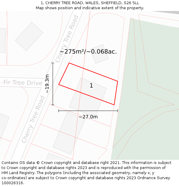 1, CHERRY TREE ROAD, WALES, SHEFFIELD, S26 5LL: Plot and title map