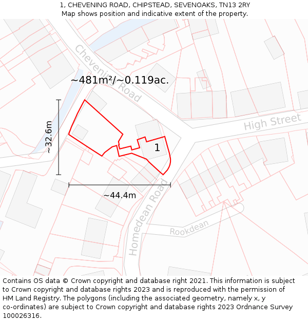 1, CHEVENING ROAD, CHIPSTEAD, SEVENOAKS, TN13 2RY: Plot and title map