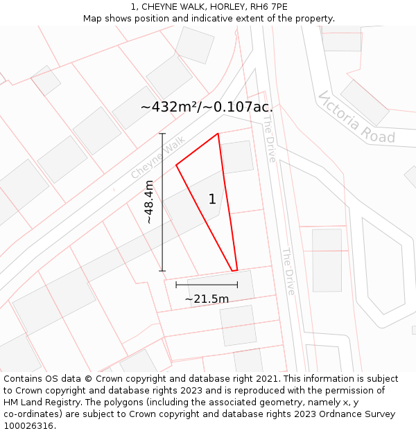 1, CHEYNE WALK, HORLEY, RH6 7PE: Plot and title map