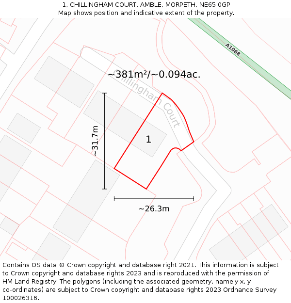 1, CHILLINGHAM COURT, AMBLE, MORPETH, NE65 0GP: Plot and title map