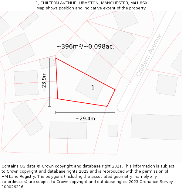 1, CHILTERN AVENUE, URMSTON, MANCHESTER, M41 8SX: Plot and title map