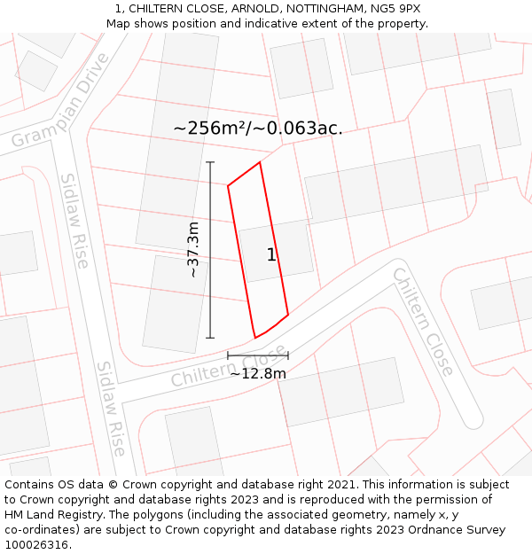 1, CHILTERN CLOSE, ARNOLD, NOTTINGHAM, NG5 9PX: Plot and title map