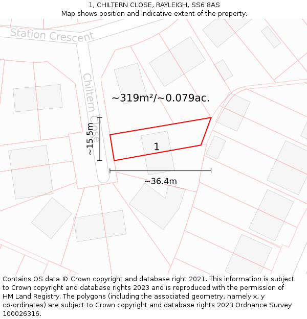 1, CHILTERN CLOSE, RAYLEIGH, SS6 8AS: Plot and title map