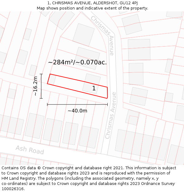 1, CHRISMAS AVENUE, ALDERSHOT, GU12 4PJ: Plot and title map