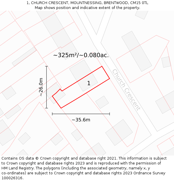 1, CHURCH CRESCENT, MOUNTNESSING, BRENTWOOD, CM15 0TL: Plot and title map