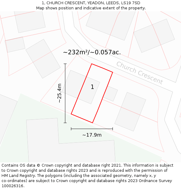 1, CHURCH CRESCENT, YEADON, LEEDS, LS19 7SD: Plot and title map