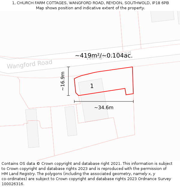 1, CHURCH FARM COTTAGES, WANGFORD ROAD, REYDON, SOUTHWOLD, IP18 6PB: Plot and title map