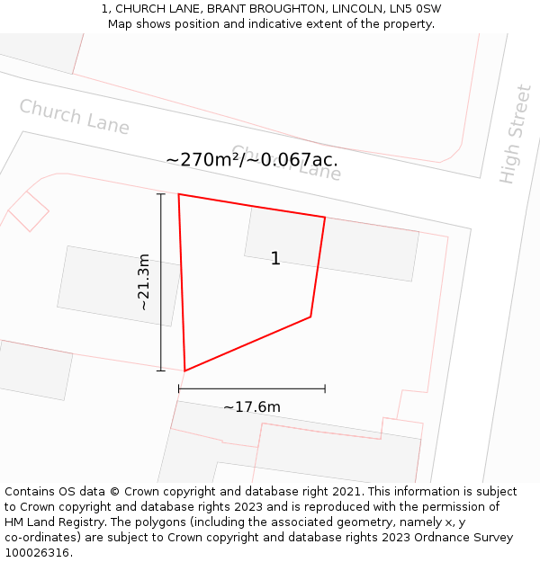 1, CHURCH LANE, BRANT BROUGHTON, LINCOLN, LN5 0SW: Plot and title map