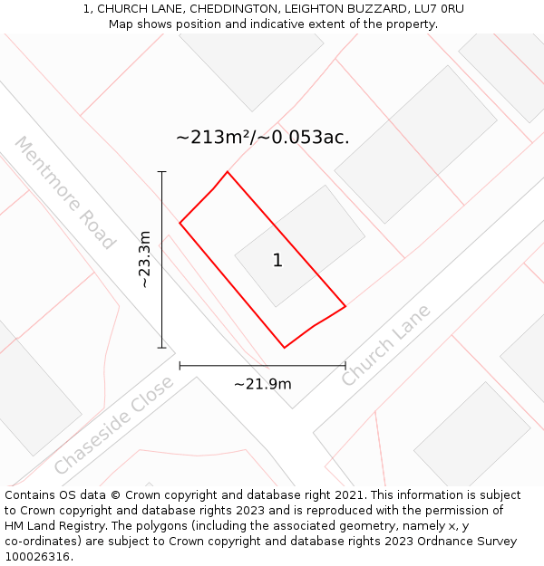 1, CHURCH LANE, CHEDDINGTON, LEIGHTON BUZZARD, LU7 0RU: Plot and title map