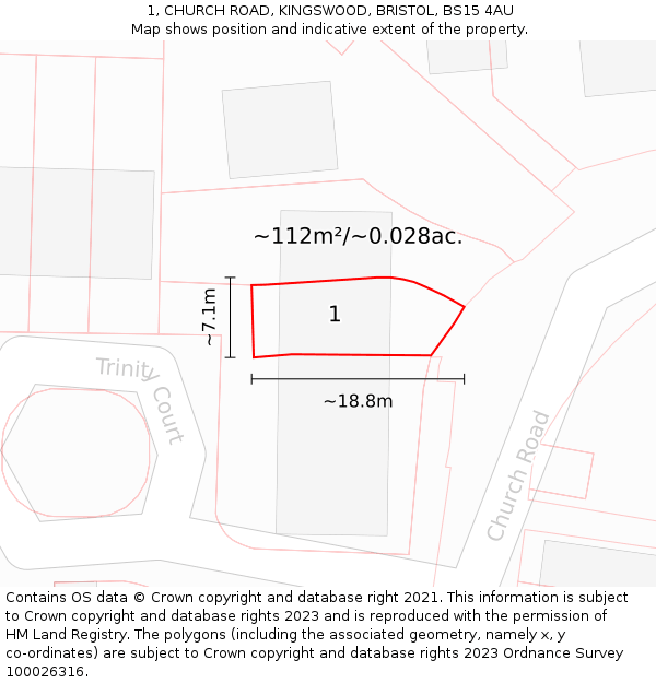 1, CHURCH ROAD, KINGSWOOD, BRISTOL, BS15 4AU: Plot and title map