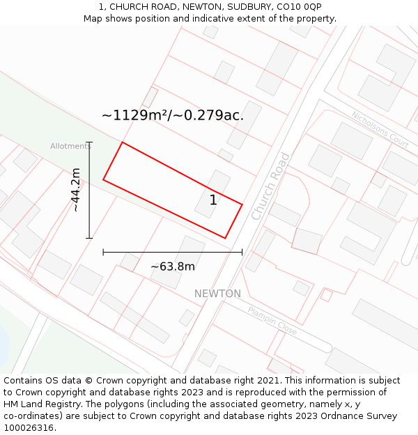 1, CHURCH ROAD, NEWTON, SUDBURY, CO10 0QP: Plot and title map