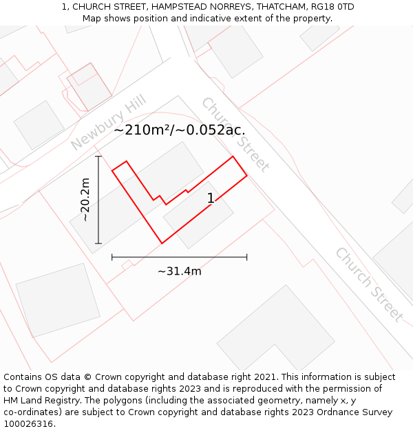 1, CHURCH STREET, HAMPSTEAD NORREYS, THATCHAM, RG18 0TD: Plot and title map