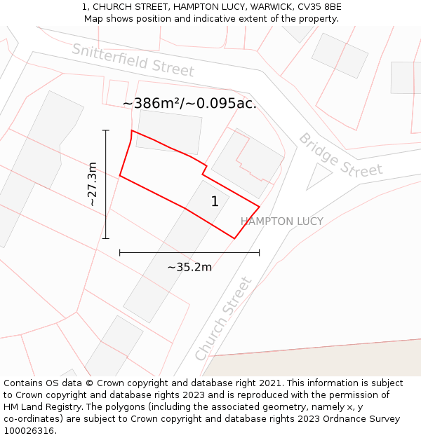 1, CHURCH STREET, HAMPTON LUCY, WARWICK, CV35 8BE: Plot and title map