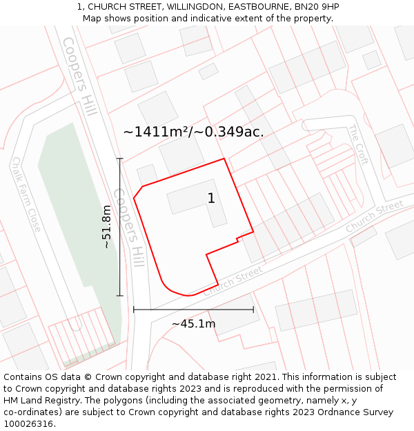 1, CHURCH STREET, WILLINGDON, EASTBOURNE, BN20 9HP: Plot and title map