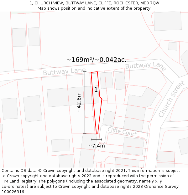 1, CHURCH VIEW, BUTTWAY LANE, CLIFFE, ROCHESTER, ME3 7QW: Plot and title map