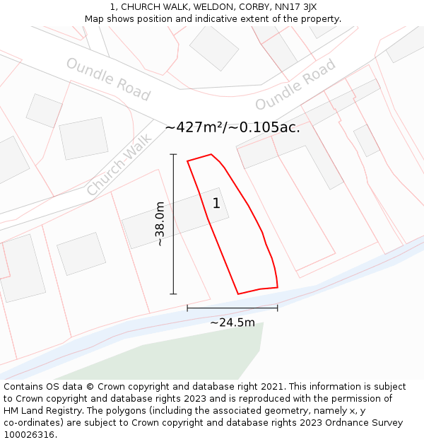 1, CHURCH WALK, WELDON, CORBY, NN17 3JX: Plot and title map