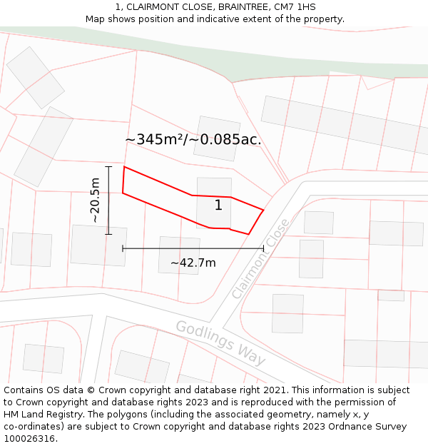 1, CLAIRMONT CLOSE, BRAINTREE, CM7 1HS: Plot and title map