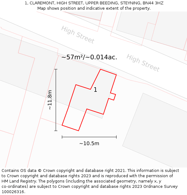 1, CLAREMONT, HIGH STREET, UPPER BEEDING, STEYNING, BN44 3HZ: Plot and title map