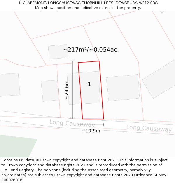 1, CLAREMONT, LONGCAUSEWAY, THORNHILL LEES, DEWSBURY, WF12 0RG: Plot and title map